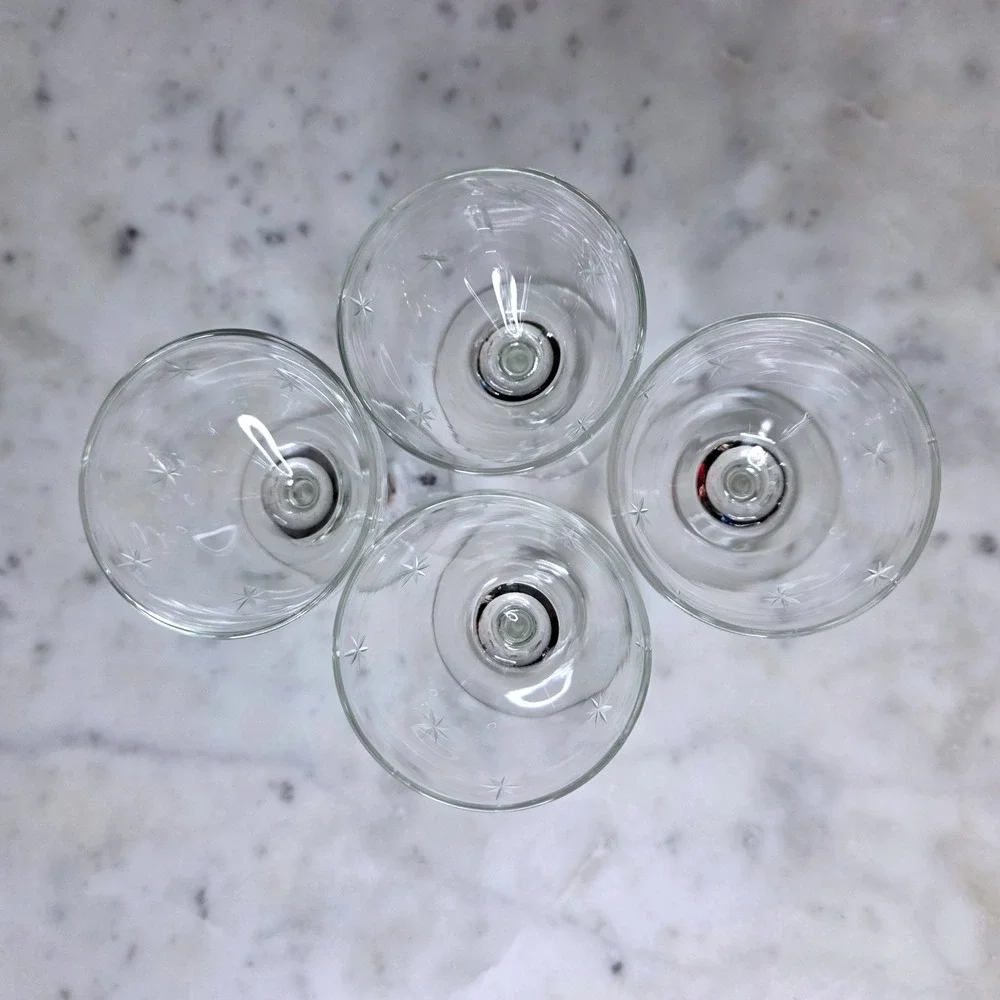 Vtg MCM Atomic Starburst Etched Cordial Liqueur Glasses Set 4 Mid Century